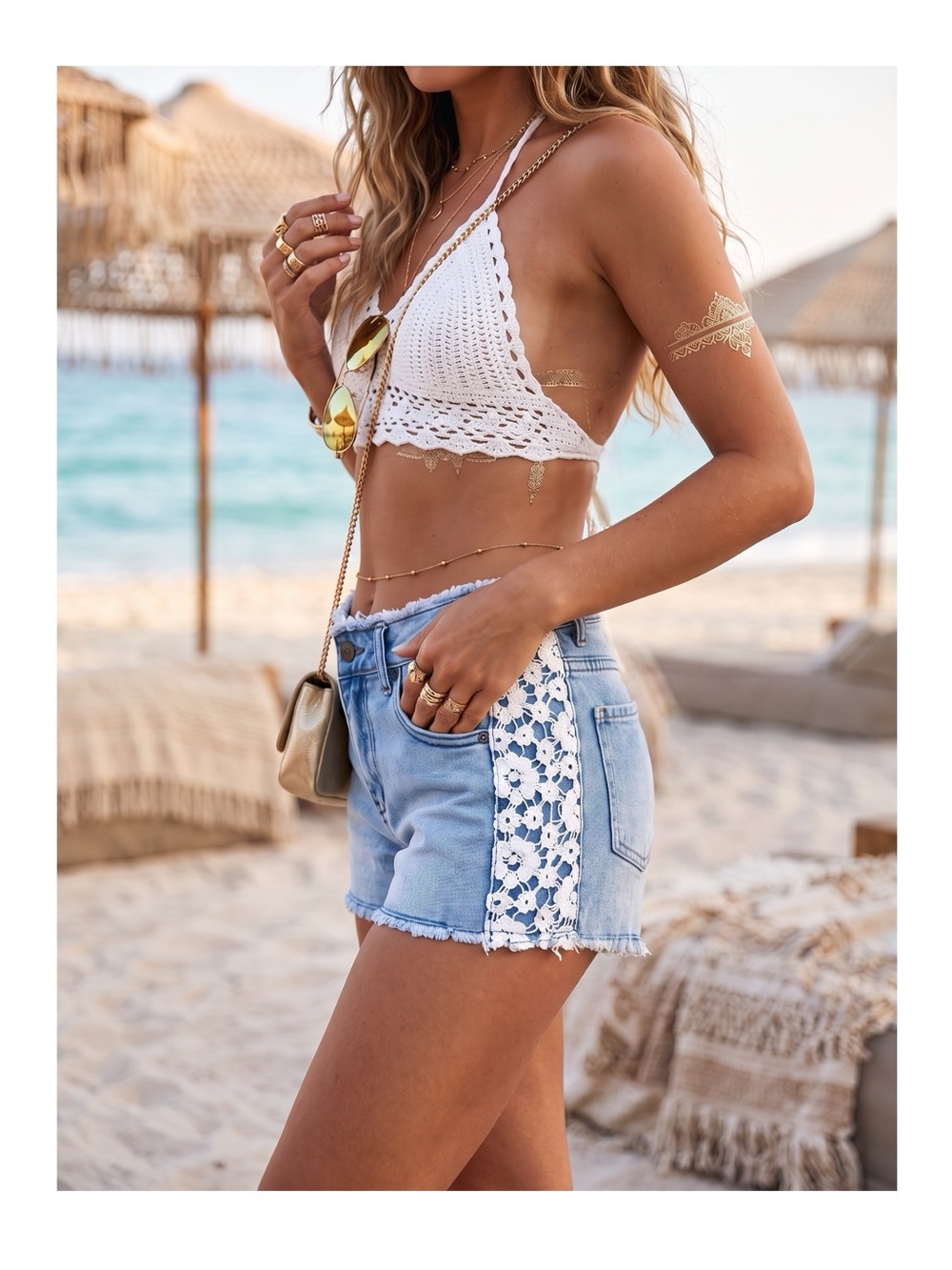 new LF Carmar ꕥ Floral Crochet Lace Cut Off Denim Shorts ꕥ White Lace Trim ꕥ